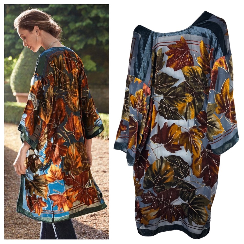Soft Surroundings Kimono Duster Cardigan Jacket Sz S/M Leaves Burnout Velvet